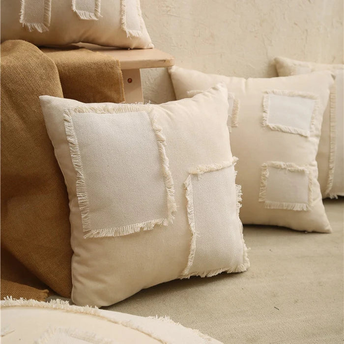 Decorative Pillow Cover Fringed Patchwork Linen Blend Concealed Zipper