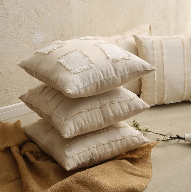 Decorative Pillow Cover Fringed Patchwork Linen Blend Concealed Zipper
