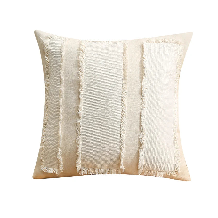 Decorative Pillow Cover Fringed Patchwork Linen Blend Concealed Zipper