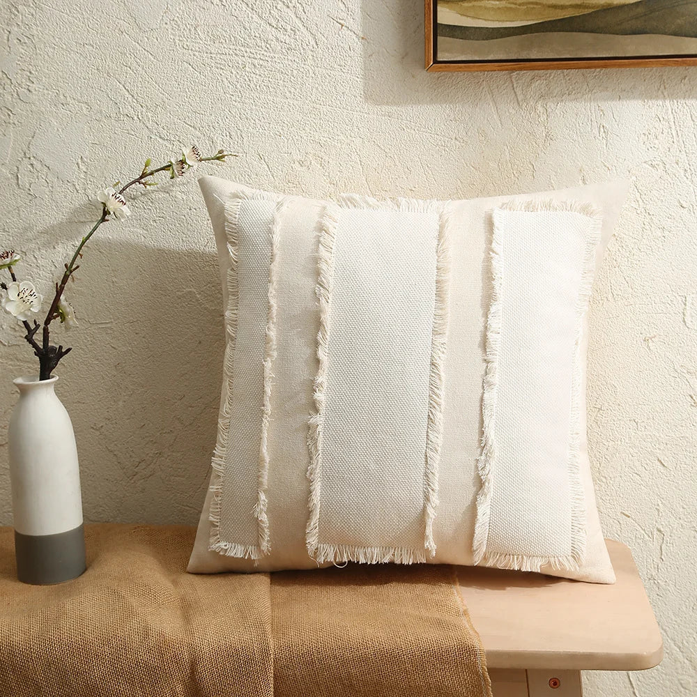 Decorative Pillow Cover Fringed Patchwork Linen Blend Concealed Zipper