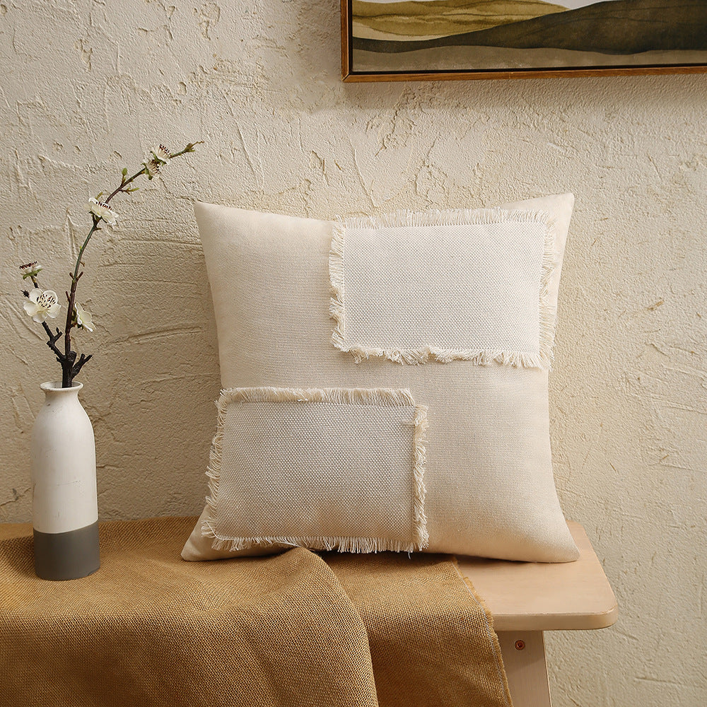 Decorative Pillow Cover Fringed Patchwork Linen Blend Concealed Zipper