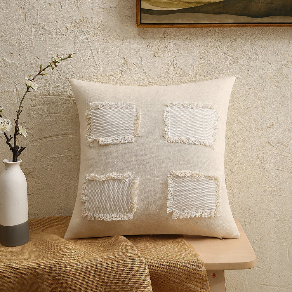 Decorative Pillow Cover Fringed Patchwork Linen Blend Concealed Zipper