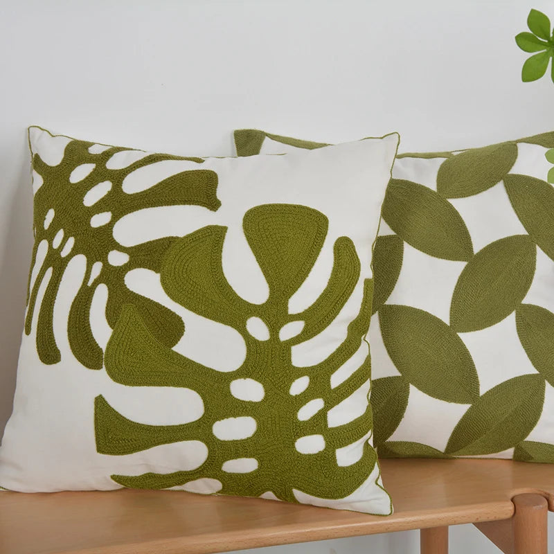 Decorative Pillow Cover Monstera Leaf Appliqué Hidden Zipper