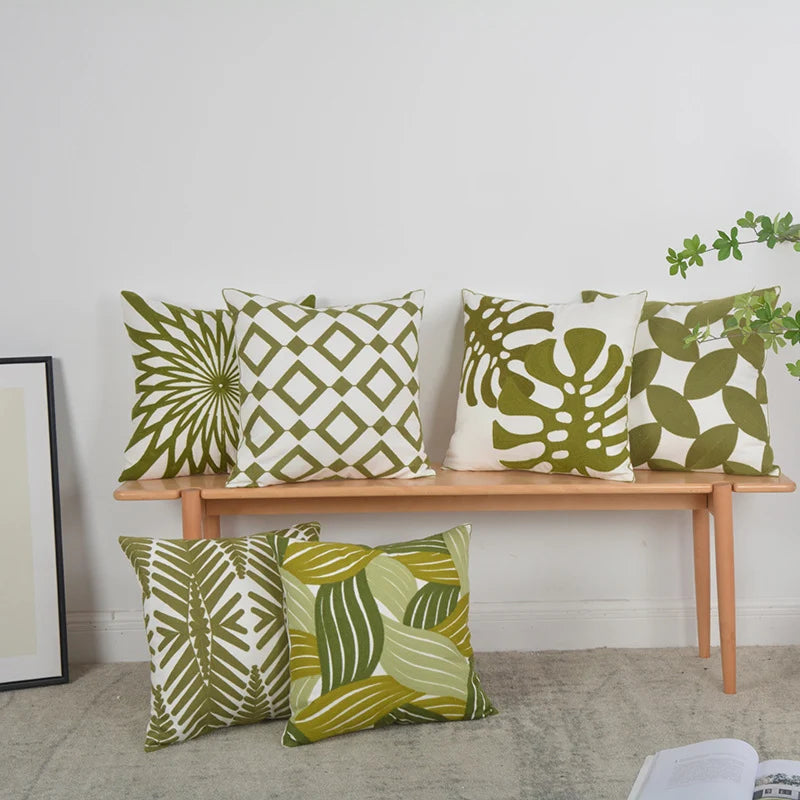 Decorative Pillow Cover Monstera Leaf Appliqué Hidden Zipper
