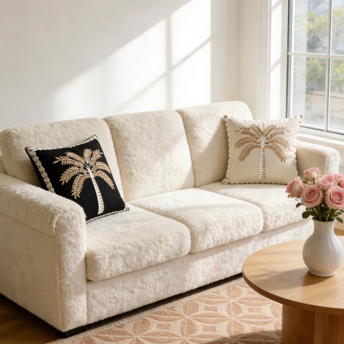 Decorative Pillow Cover Raised Palm Embroidery Linen-Look Concealed Zipper