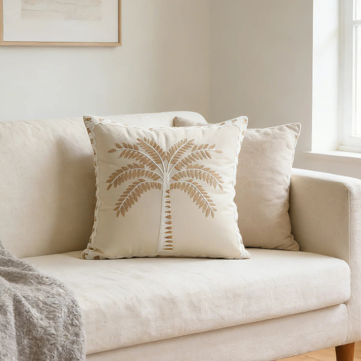 Decorative Pillow Cover Raised Palm Embroidery Linen-Look Concealed Zipper