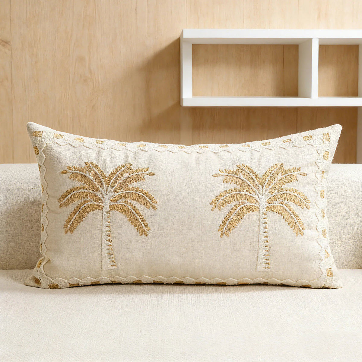 Decorative Pillow Cover Raised Palm Embroidery Linen-Look Concealed Zipper