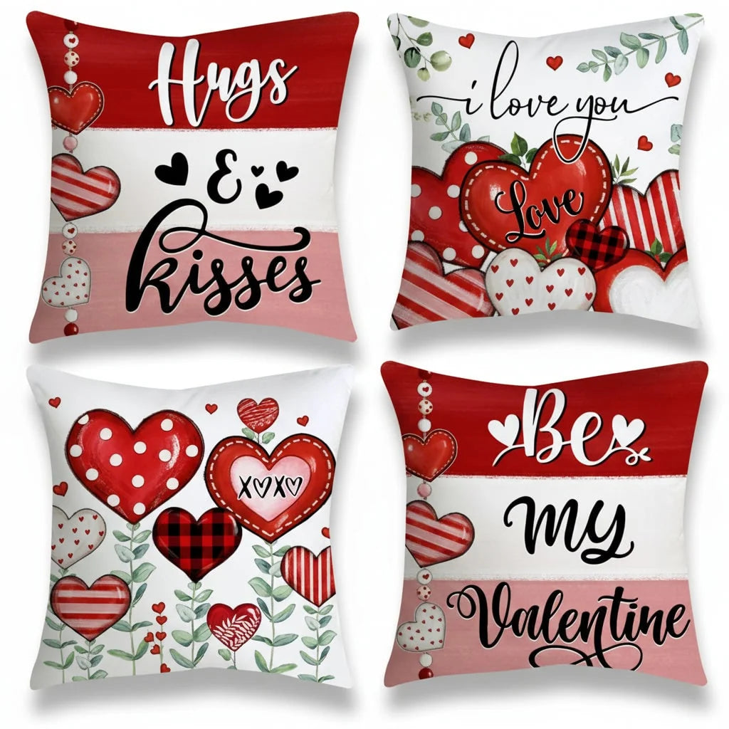 Decorative Pillow Covers Valentine Heart Print Set of 4