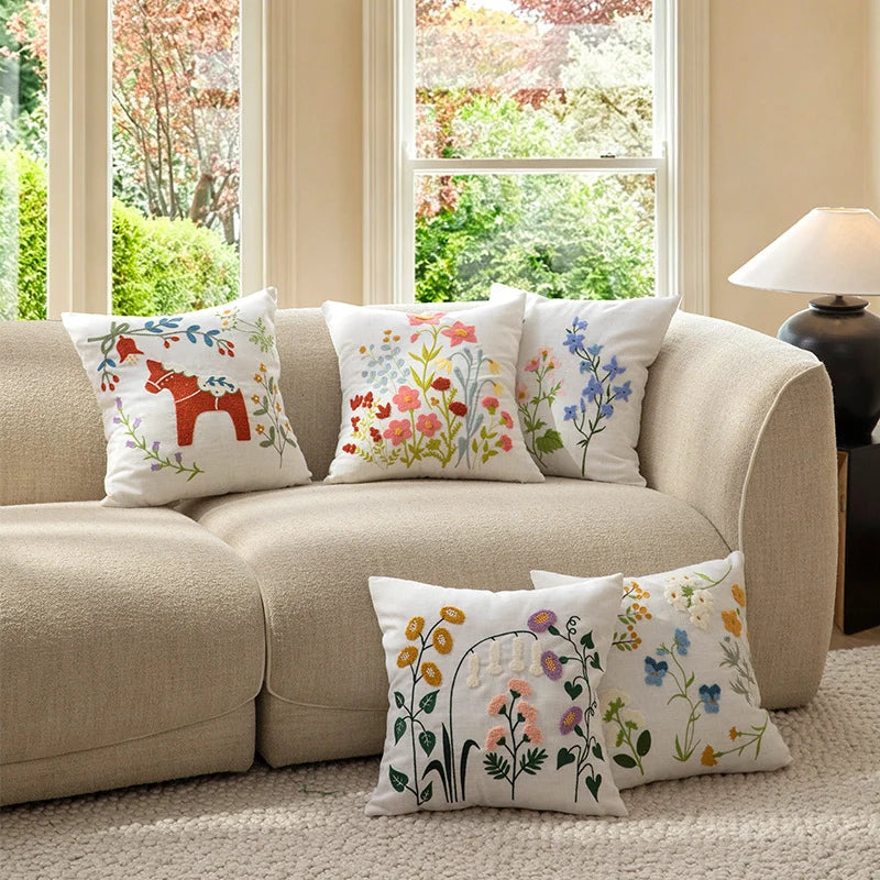 Decorative Pillow Embroidered Botanical Linen Cover 18x18 Inches