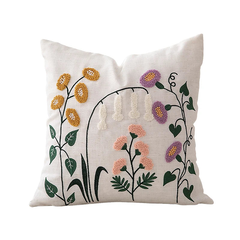 Decorative Pillow Embroidered Botanical Linen Cover 18x18 Inches
