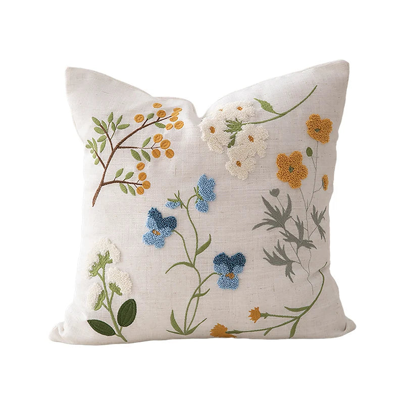 Decorative Pillow Embroidered Botanical Linen Cover 18x18 Inches