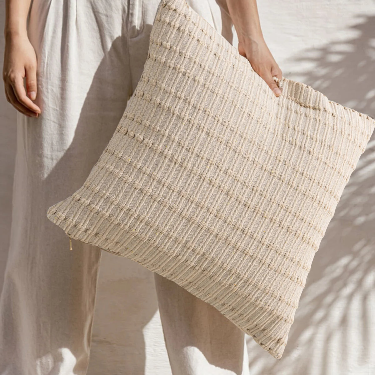 Decorative Pillow Handwoven Relief Texture Cotton Blend Hidden Zipper