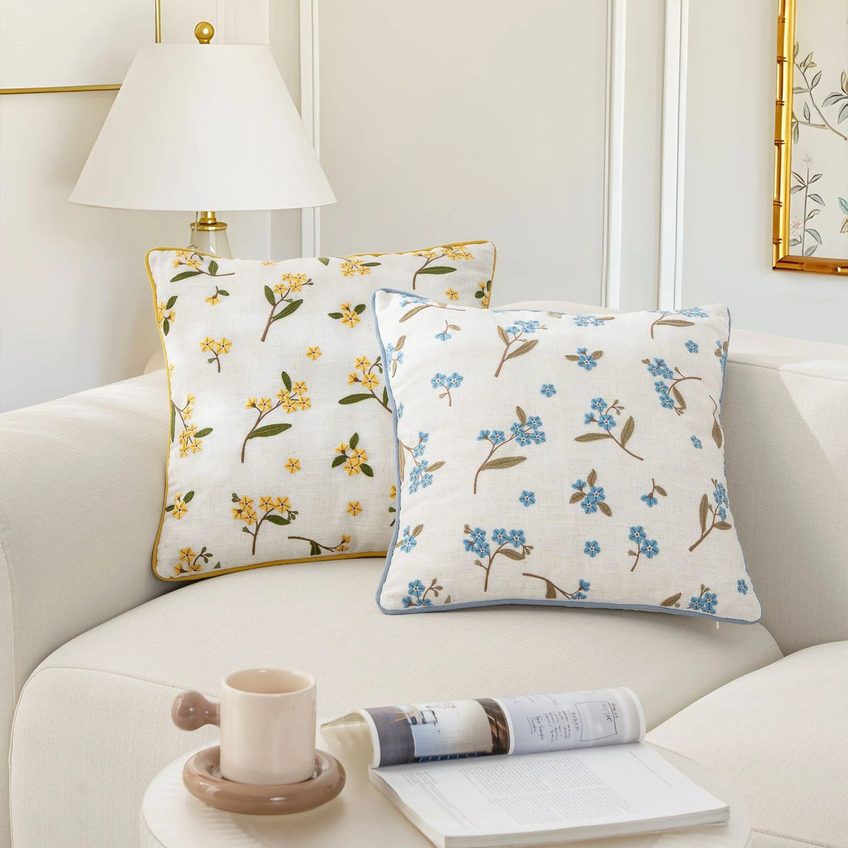 Decorative Pillow Linen Blend Floral Embroidery Piped Edge