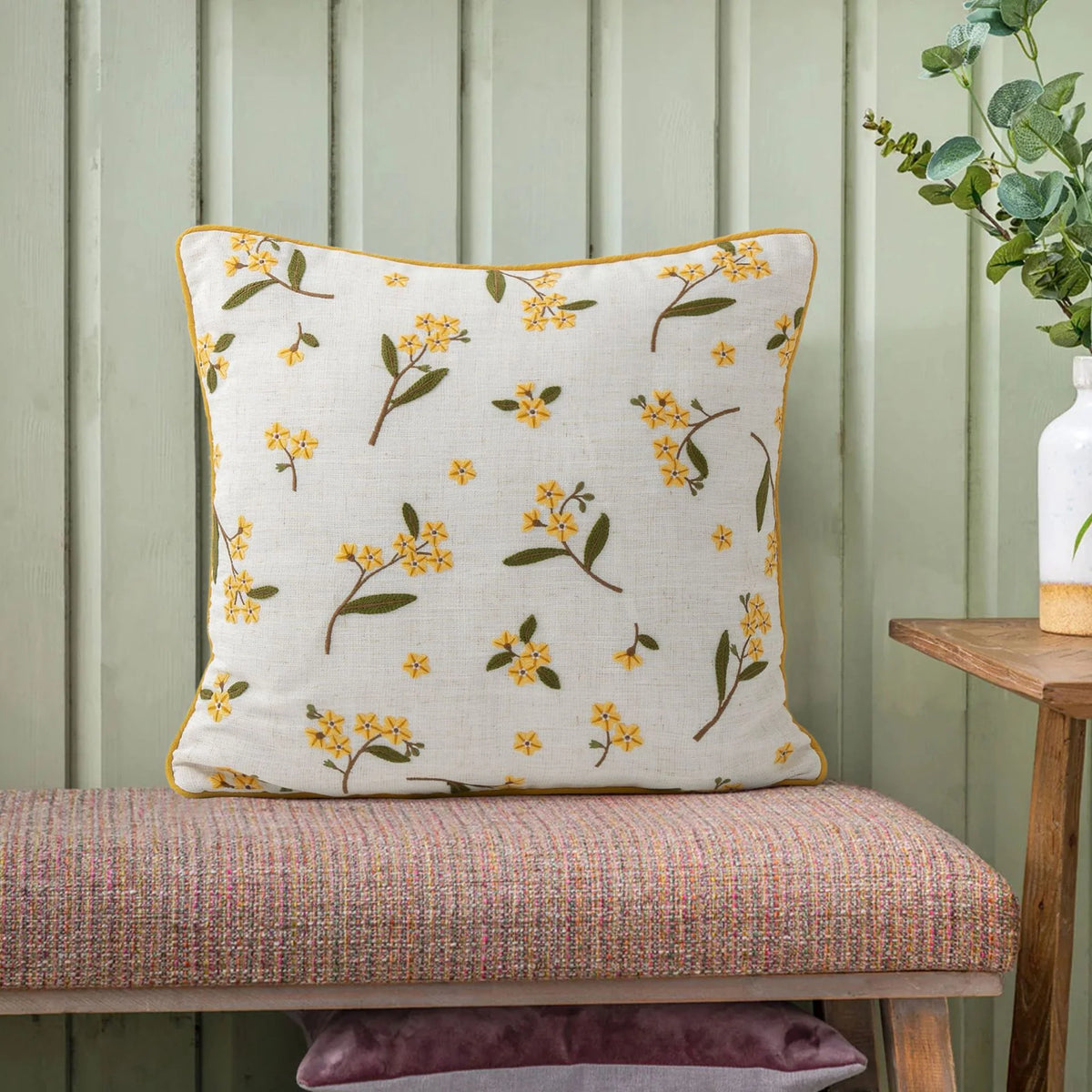 Decorative Pillow Linen Blend Floral Embroidery Piped Edge