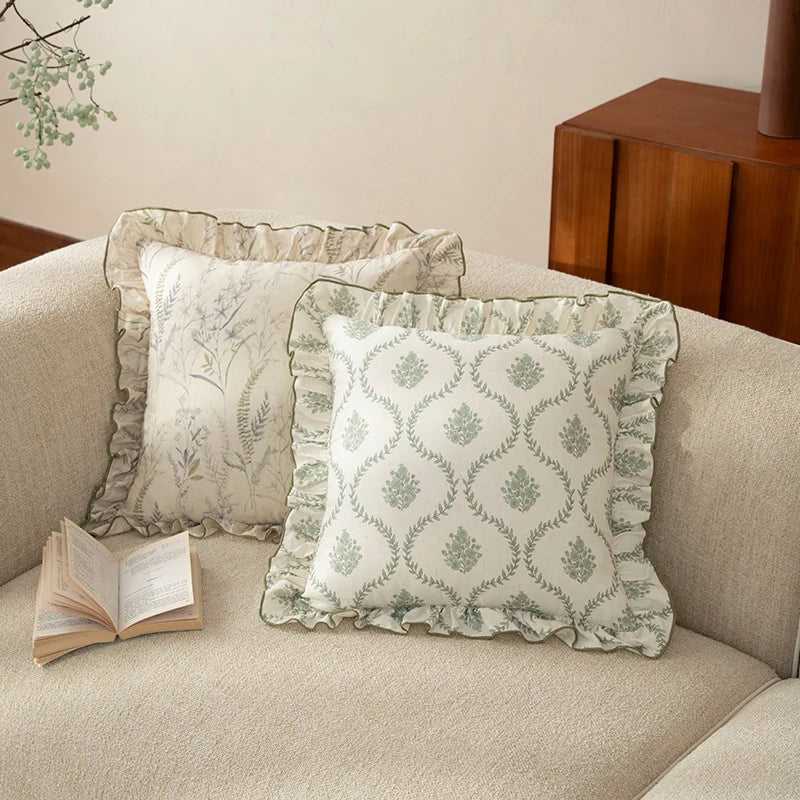 Decorative Pillow Linen-Look Floral Ruffled Edge Removable Cover