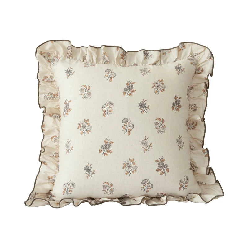Decorative Pillow Linen-Look Floral Ruffled Edge Removable Cover