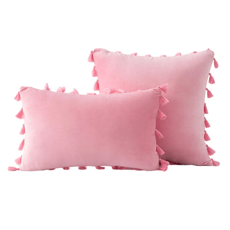 Decorative Pillow Set Velvet Tassel Trim With Inserts