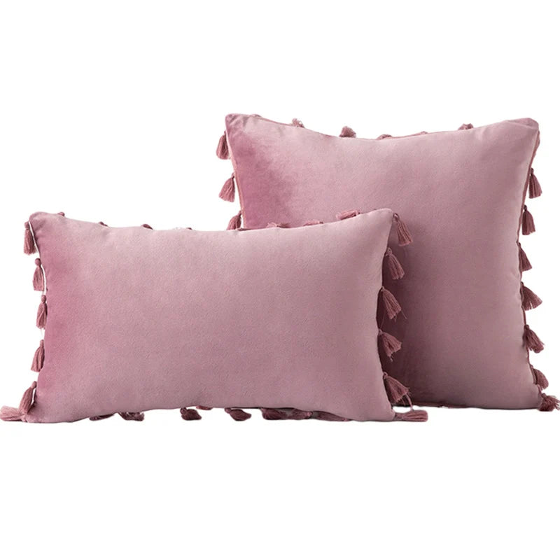 Decorative Pillow Set Velvet Tassel Trim With Inserts