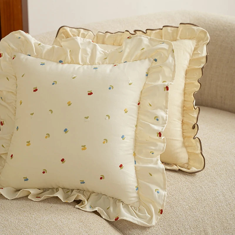 Decorative Throw Pillow Embroidered Floral & Ruffled Edge