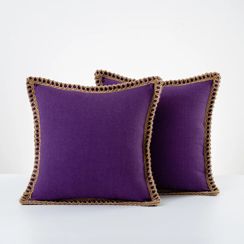 Decorative Throw Pillow Pair Linen Look Fabric Braided Fringe