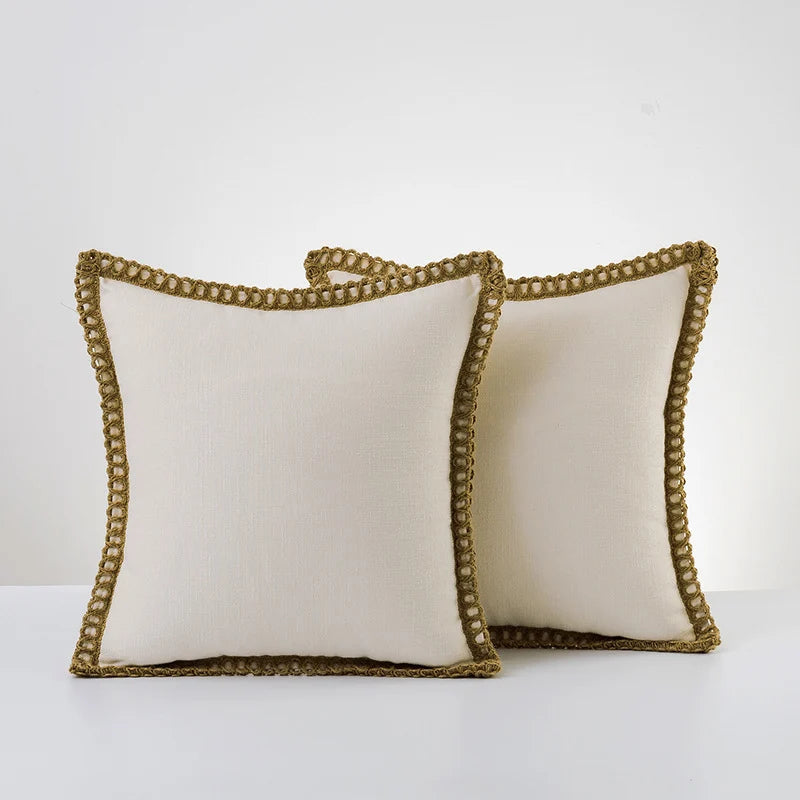 Decorative Throw Pillow Pair Linen Look Fabric Braided Fringe