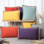 Decorative Throw Pillow Pair Linen Look Fabric Braided Fringe