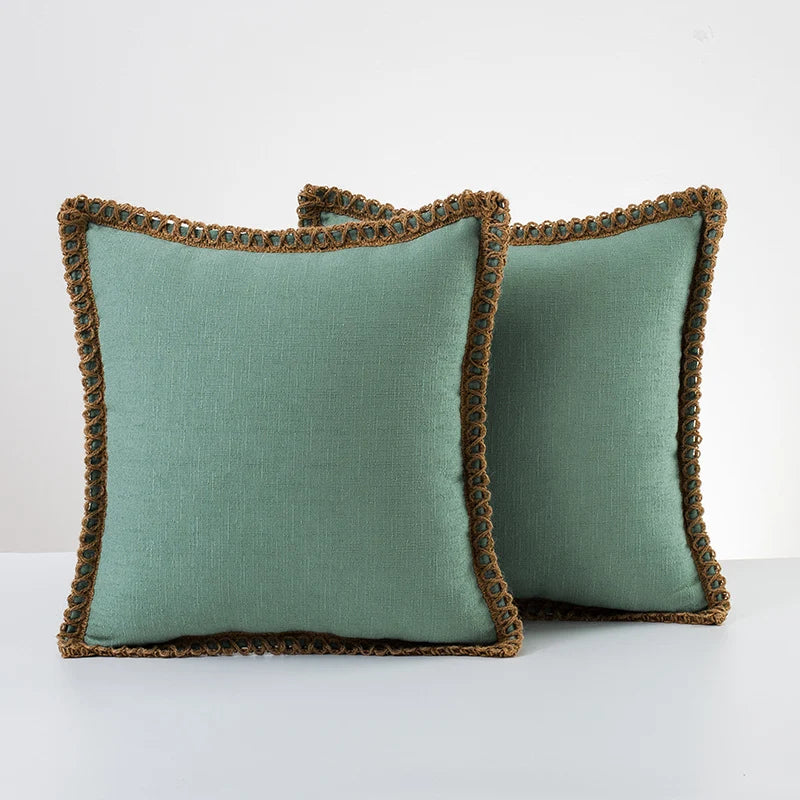 Decorative Throw Pillow Pair Linen Look Fabric Braided Fringe