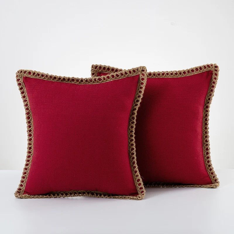 Decorative Throw Pillow Pair Linen Look Fabric Braided Fringe