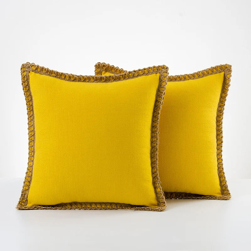 Decorative Throw Pillow Pair Linen Look Fabric Braided Fringe