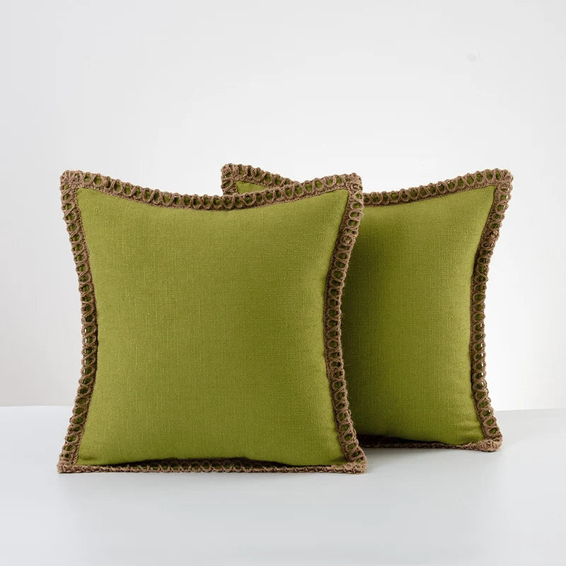 Decorative Throw Pillow Pair Linen Look Fabric Braided Fringe