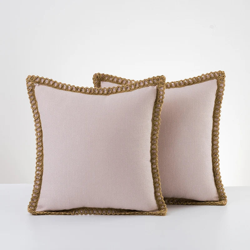 Decorative Throw Pillow Pair Linen Look Fabric Braided Fringe