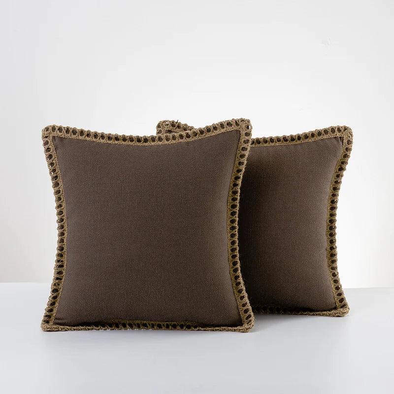 Decorative Throw Pillow Pair Linen Look Fabric Braided Fringe