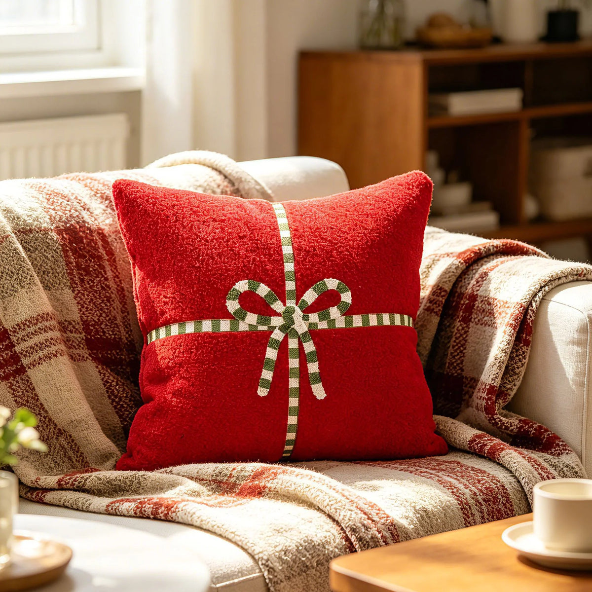 Decorative Throw Pillow Plush Embroidered Bow Removable Cover