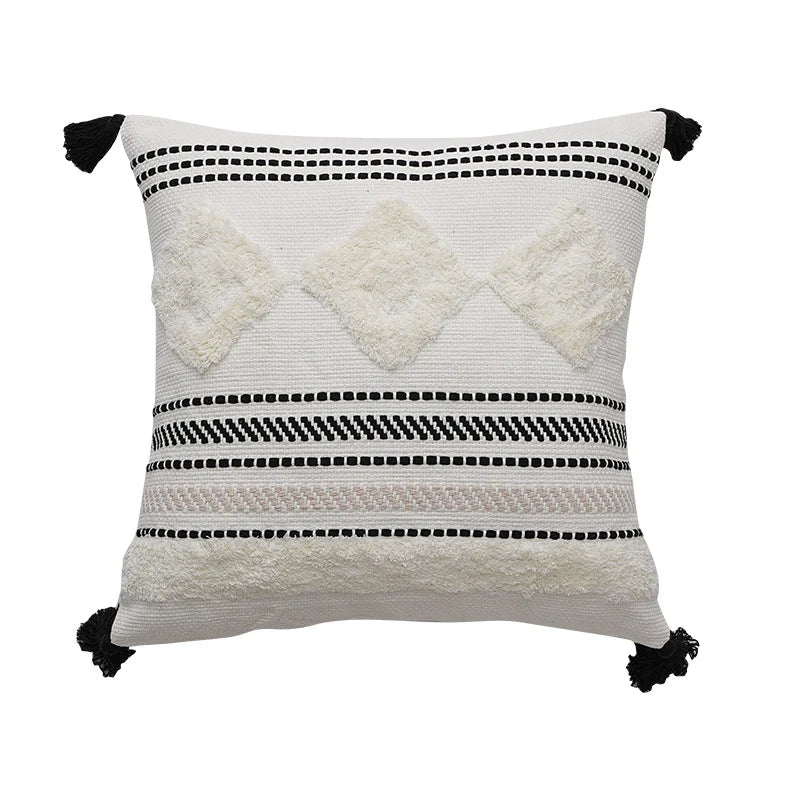 Decorative Throw Pillow Textured Woven Cotton Pom-Pom Removable Cover