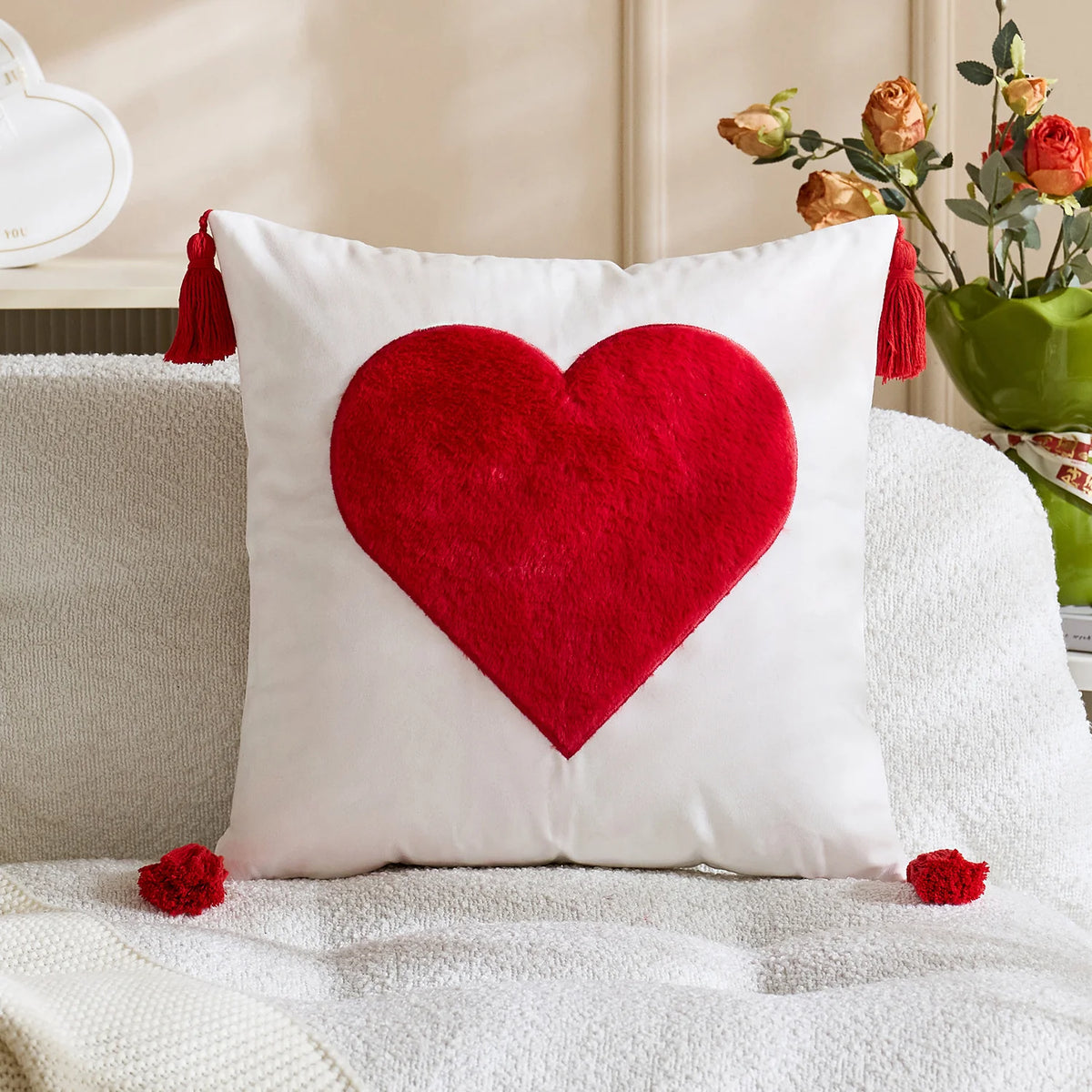Decorative Throw Pillow Tufted Chenille Tassels Removable Cover
