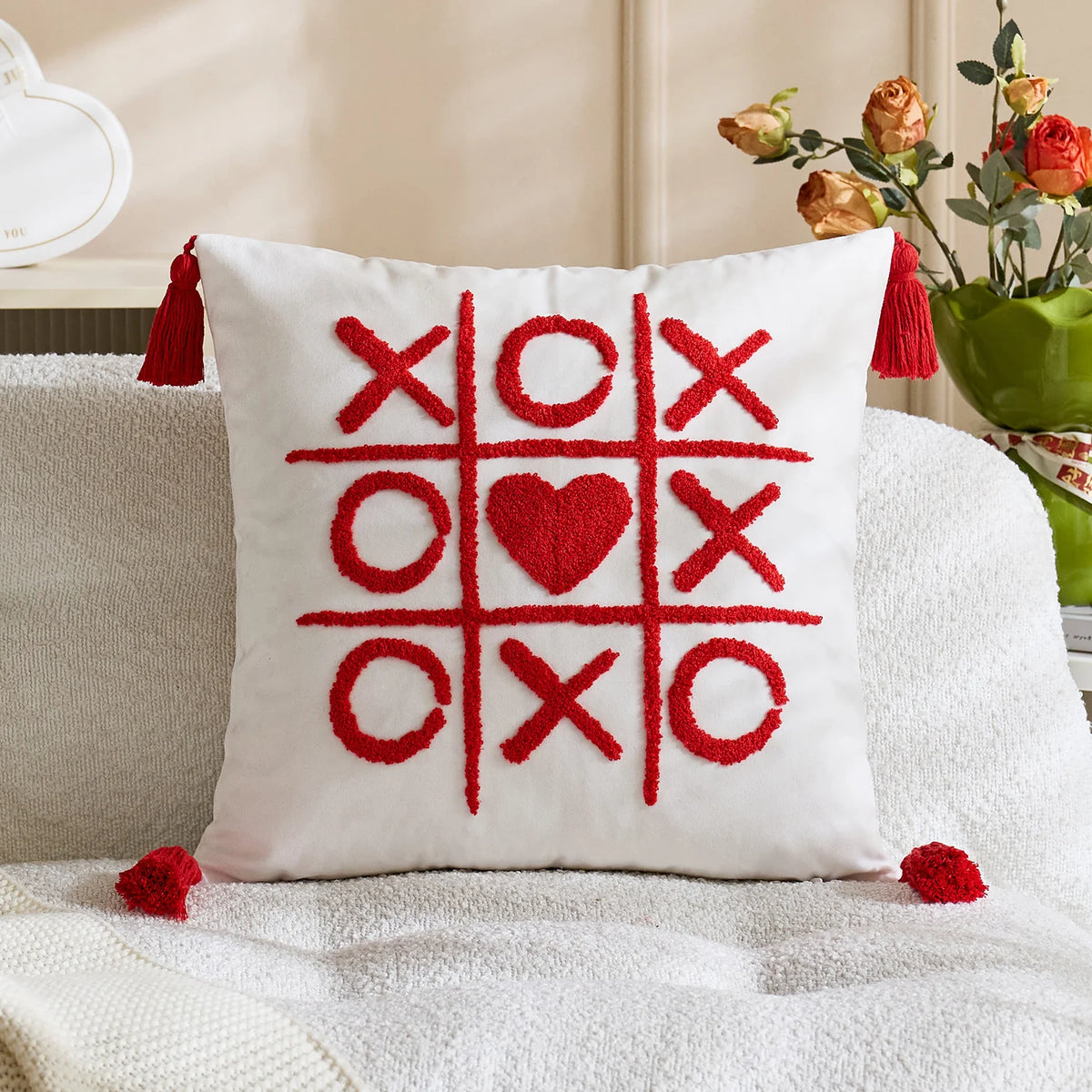 Decorative Throw Pillow Tufted Chenille Tassels Removable Cover