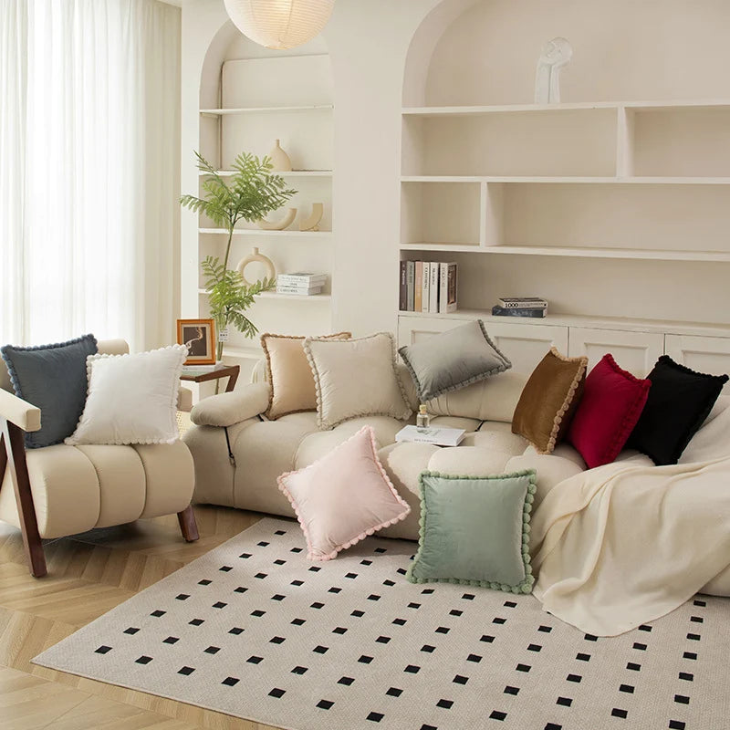 Decorative Throw Pillow Velvet-Look Pom-Pom Border Removable Cover