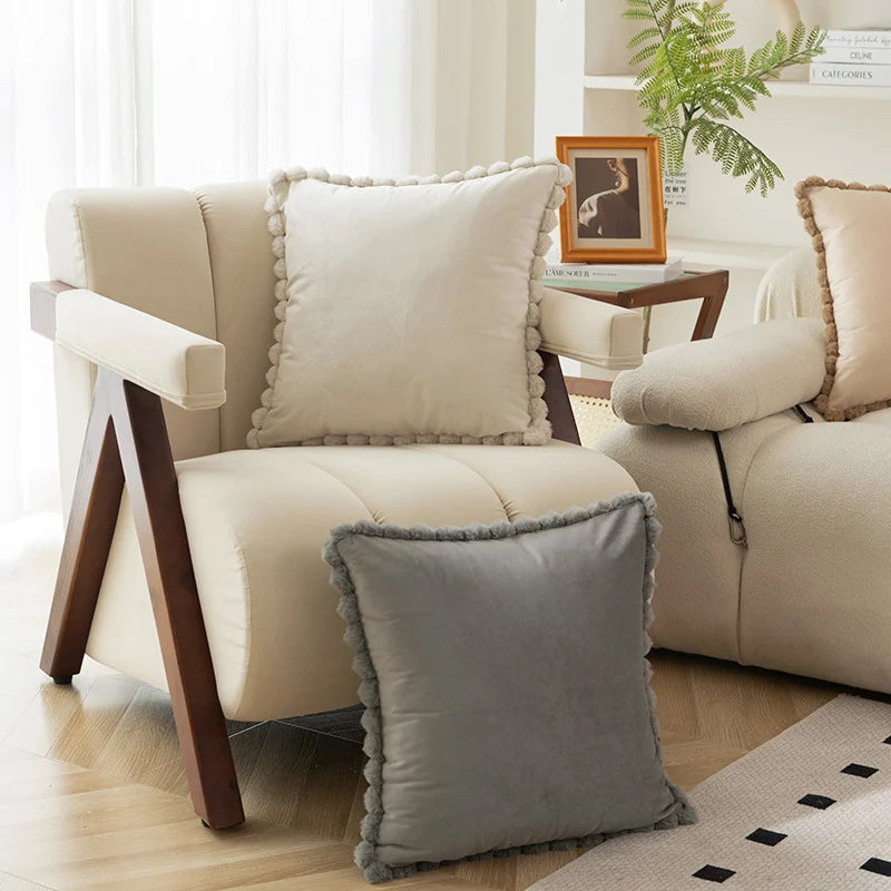 Decorative Throw Pillow Velvet-Look Pom-Pom Border Removable Cover