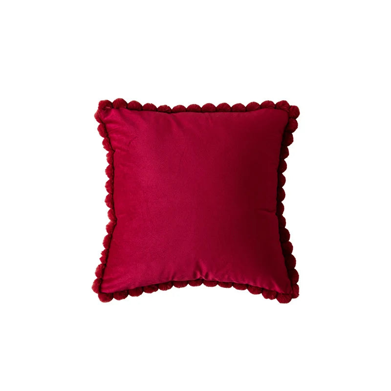 Decorative Throw Pillow Velvet-Look Pom-Pom Border Removable Cover