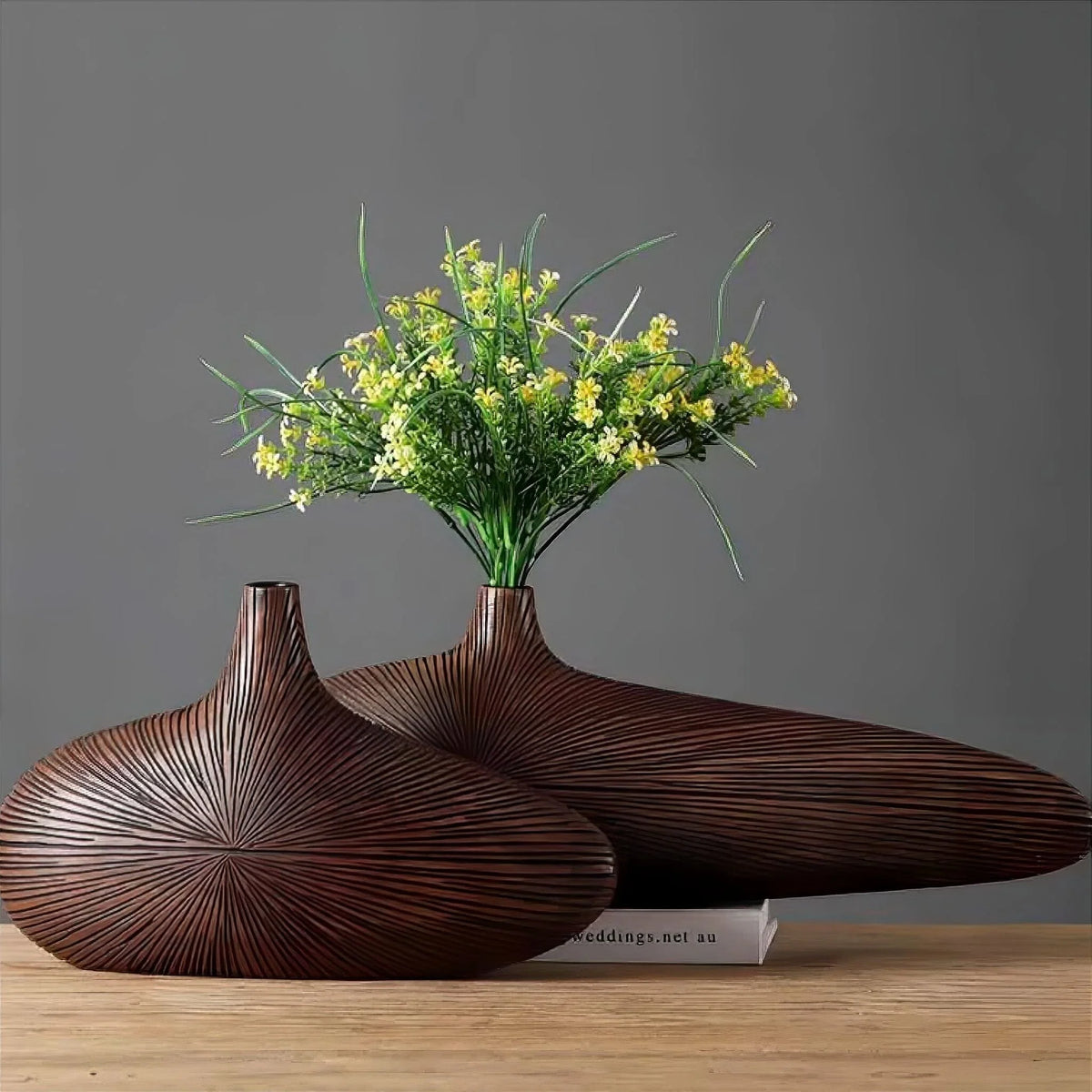 Decorative Vase Wood-Look Ribbed Resin