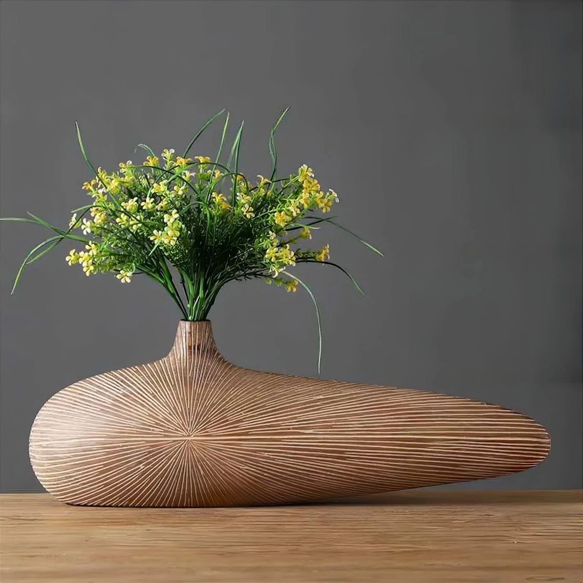 Decorative Vase Wood-Look Ribbed Resin