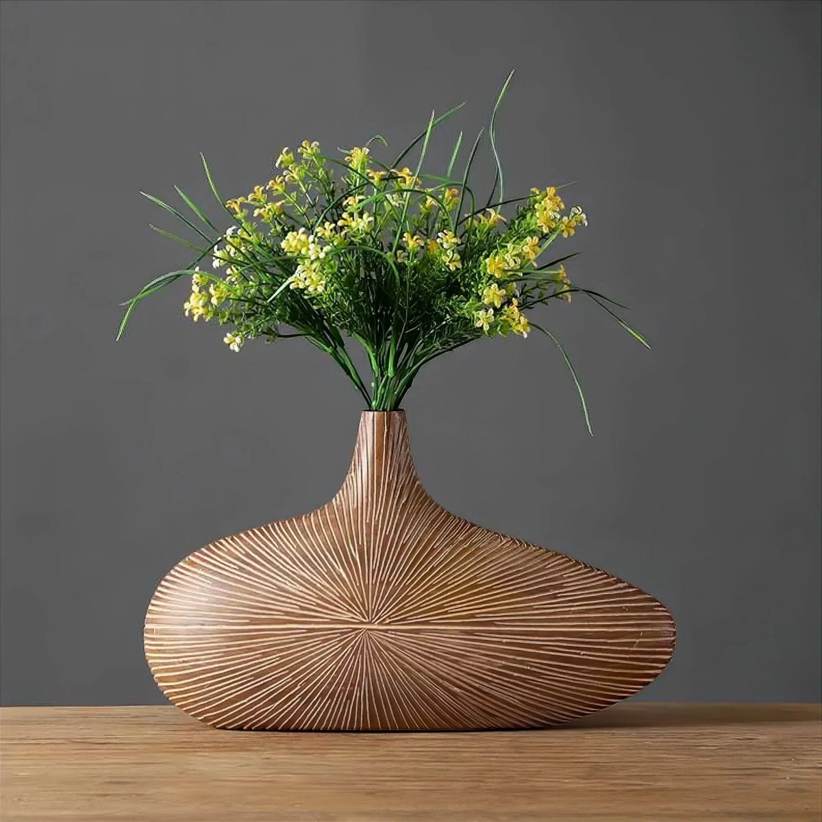 Decorative Vase Wood-Look Ribbed Resin