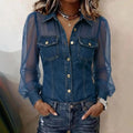 Denim Blouse Puff Sleeve & Sheer Mesh Loose Fit