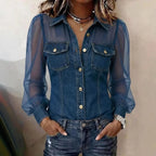 Denim Blouse Puff Sleeve & Sheer Mesh Loose Fit