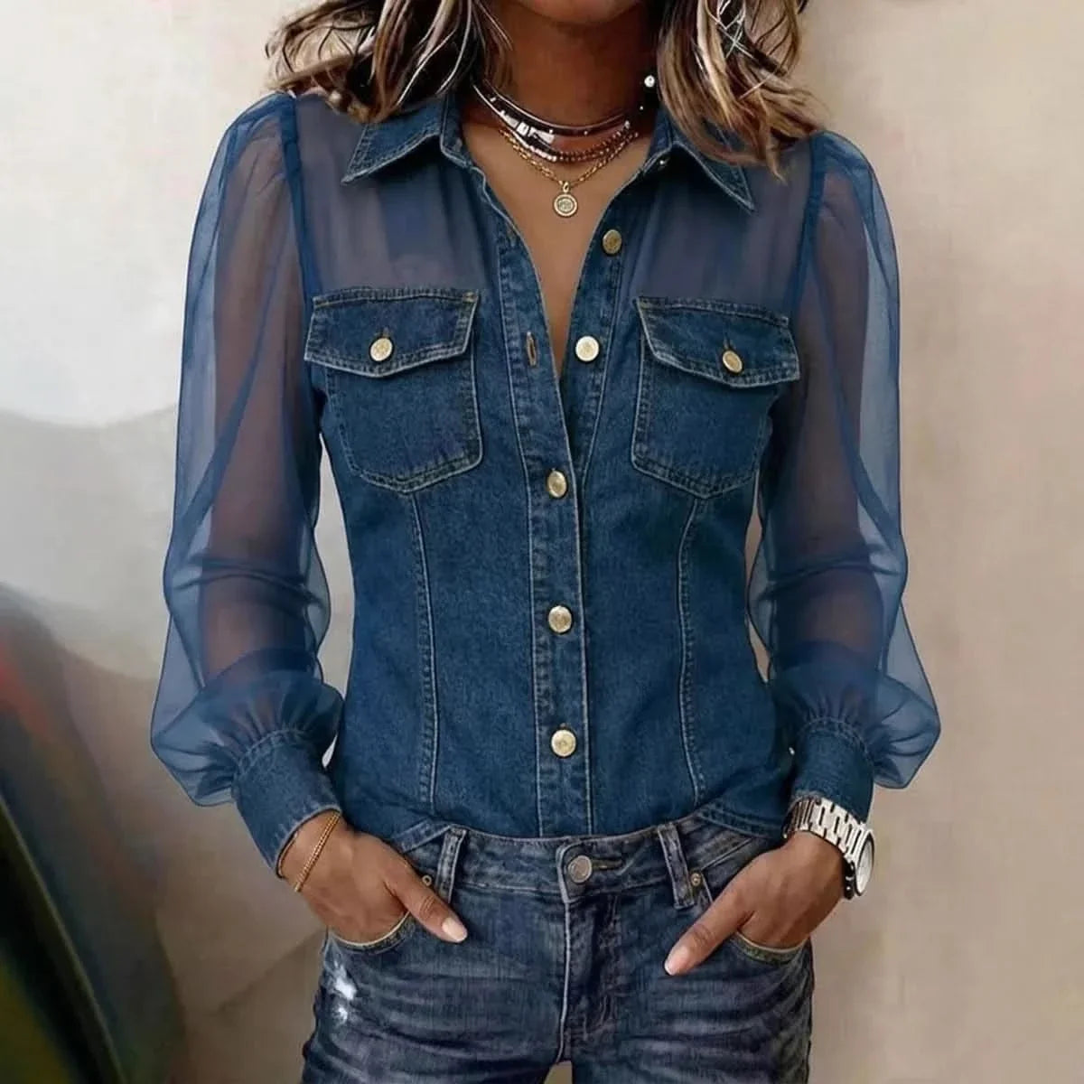 Denim Blouse Puff Sleeve & Sheer Mesh Loose Fit