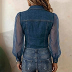 Denim Blouse Puff Sleeve & Sheer Mesh Loose Fit
