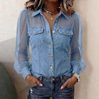 Denim Blouse Puff Sleeve & Sheer Mesh Loose Fit