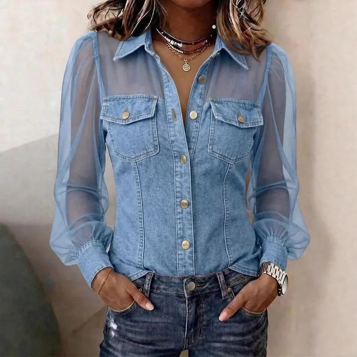 Denim Blouse Puff Sleeve & Sheer Mesh Loose Fit