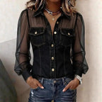 Denim Blouse Puff Sleeve & Sheer Mesh Loose Fit