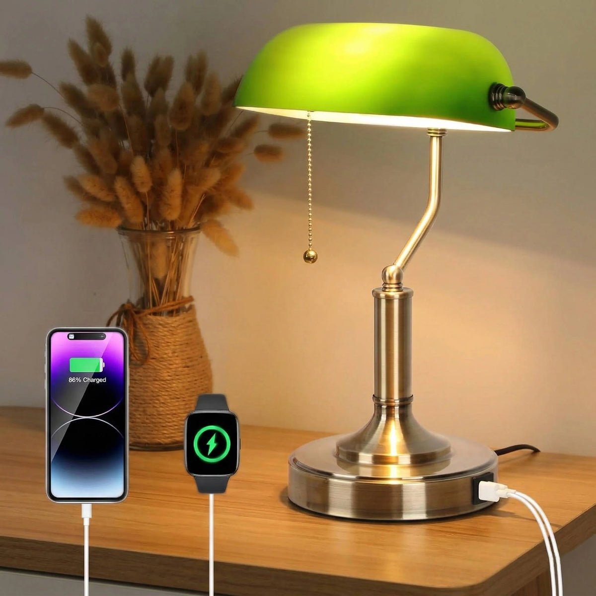 Desk Lamp Emerald Glass Dual USB Charging